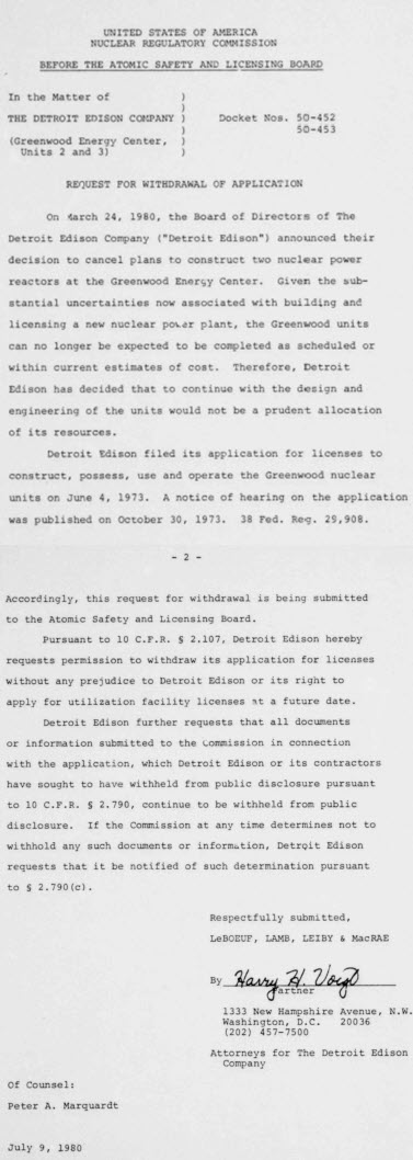Greenwood Nuclear Power Plant (Cancelled) - 1980 Formal Request Of Withdrawal Of Application To Nrc (newer photo)